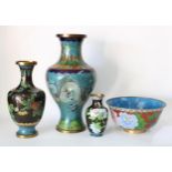 Cloisonné bowl and three cloisonné vases, tallest 32cm and with a dent (4)