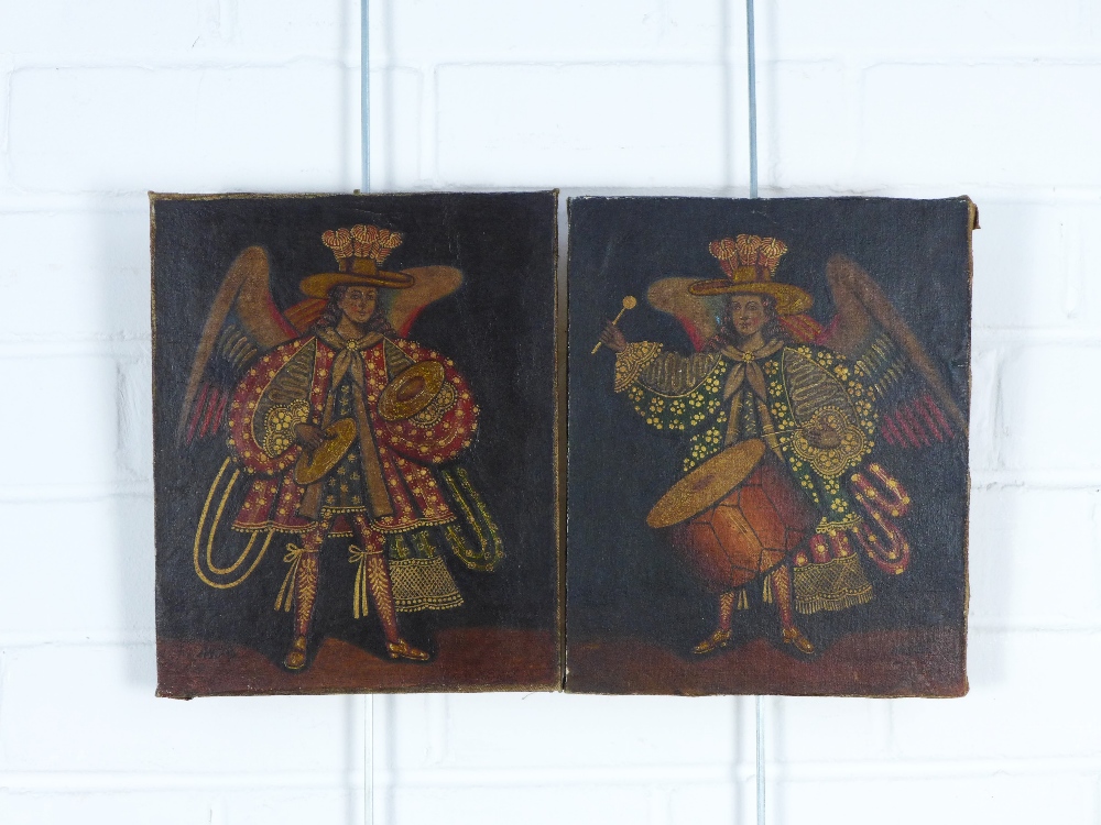 A pair of South American Cuzco style figures, oleographs laid down on board, 20 x 25cm (2) - Image 2 of 3