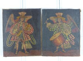 A pair of South American Cuzco style figures, oleographs laid down on board, 20 x 25cm (2)