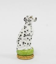 Halcyon Days enamel bonbonniere of a Dalmatian, silver gilt mounted with a moss agate hardstone sea