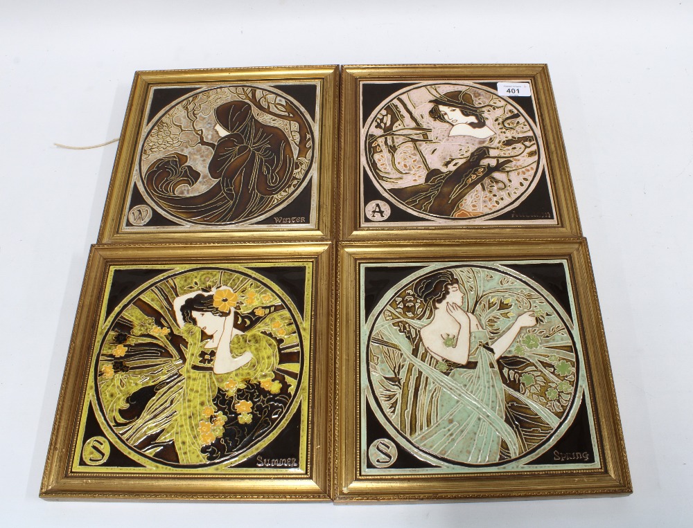 Maw & Co, set of four Seasons tubeline decorated tiles, framed, 25 x 25cm (4)
