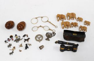 Miniature lead figures, wooden elephants, gilt metal lorgnettes, etc (a mixed lot)