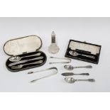 Silver knife, fork and spoon cased set, Sheffield 1927, cut glass scent bottle with silver collar,
