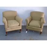 Pair of upholstered armchairs on mahogany legs with brass castors, armchairs, 82 x 83 x 50cm. (2)