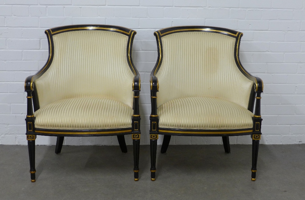 Pair of ebonised and parcel gilt open armchairs, with striped damask upholstery, on tapering legs, - Image 3 of 3