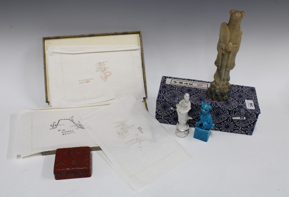 Small blanc de chine Guanyin, turquoise glazed temple lion, soapstone sage, cinnabar box and a boxed