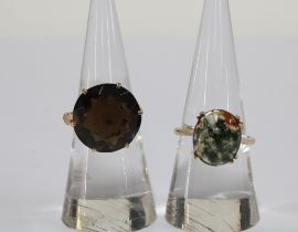 9ct gold smoky quartz dress ring, stamped 9ct together with a vintage 9ct gold and moss agate