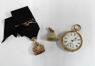 Ladies 18ct gold cased fob watch, dust cover stamped 18k, a yellow metal and cornellian fob and a