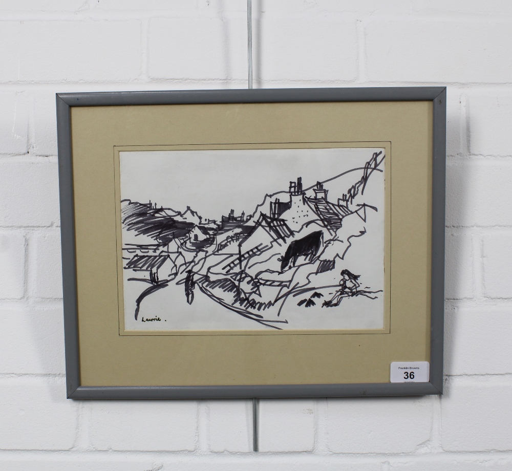 HAMISH LAWRIE (SCOTTISH 1919-1987) SCALPAY, HARRIS, pen drawing, signed lower left, framed under - Image 2 of 3