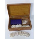 A silver topped wooden box containing a quantity of Scottish National Fat Stock Club medallions, etc