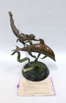 Bronze figure of a woman swimming with a dolphin by Jerry Chase Joslin for Joslin Sculpture, 44 x