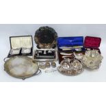 Quantity of silver plated and Epns wares to include tray, cruet set, butter dishes, cutlery etc (a