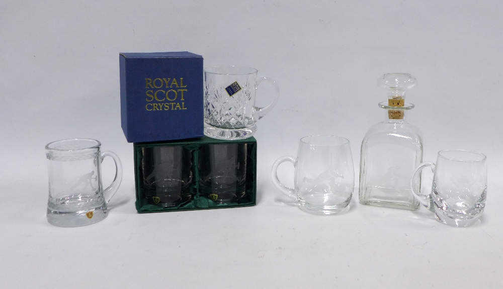 Curling Interest: Royal Scot boxed crystal tumbler, a decanter with stopper and three tankards