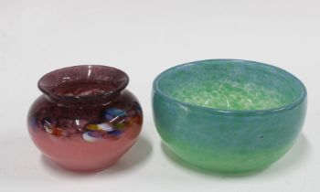 Monart green glass bowl and a small scottish art glass vase (2) 12cm.