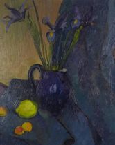 SCOTTISH SCHOOL, Still life jug of irises, oil on canvas, unsigned, framed, 40 x 50cm