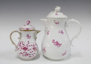 Meissen coffee pot, baluster form and painted with puce floral sprays with a moulded spout and