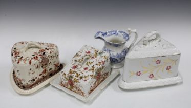 Three large Staffordshire transfer printed cheese / butter dishes with stands and a blue and white