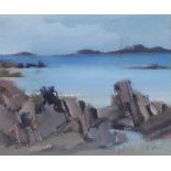 ETHEL WALKER (SCOTTISH b 1941) untitled shore scene, signed gouache, framed under glass, 9 x 8cm
