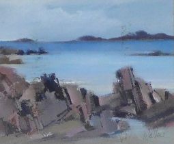 ETHEL WALKER (SCOTTISH b 1941) untitled shore scene, signed gouache, framed under glass, 9 x 8cm