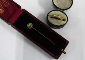 Victorian 15ct gold coral and seed pearl ring, Birmingham 1891. together with a 9ct gold tie pin