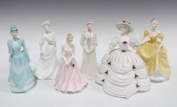 Four Coalport Ladies of Fashion china figures, another Coalport figure and a Royal worcester
