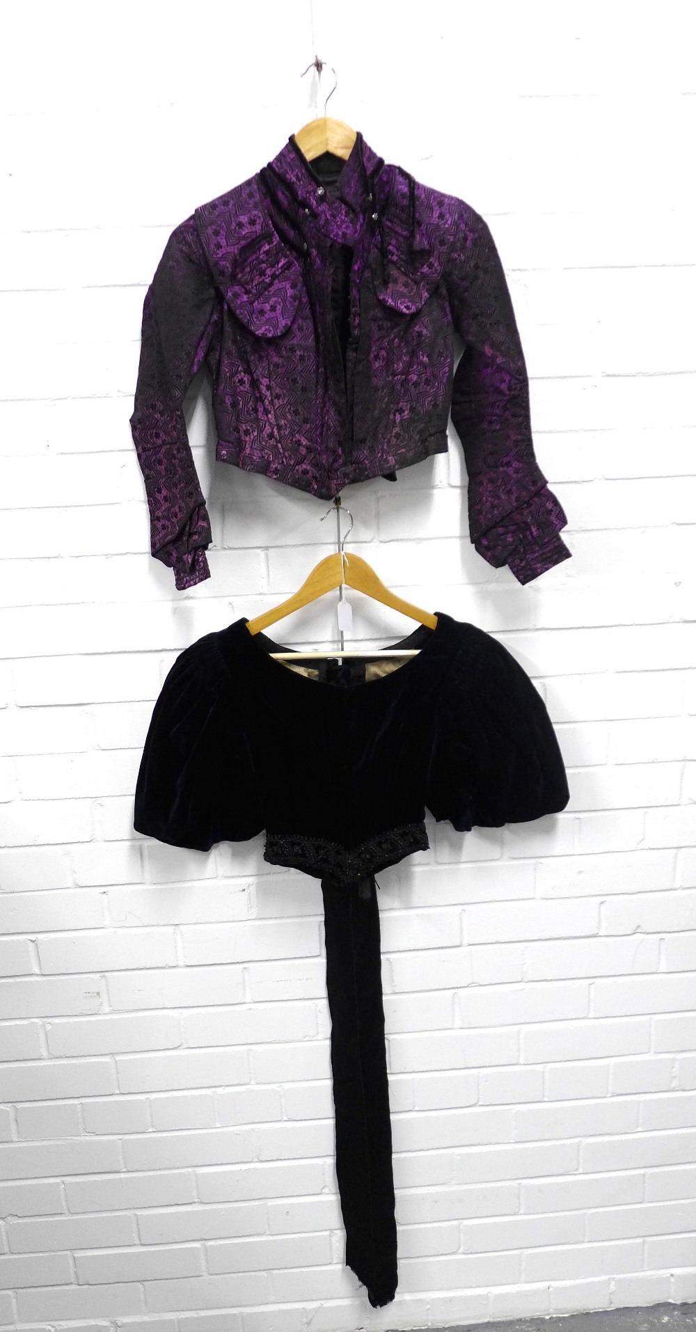Copland & Lye of Glasgow bodice jacket, purple with black stitched pattern, boned lining together
