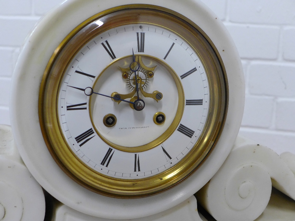 McKay Cunningham & Co., Edinburgh, drumhead white hardstone mantle clock, with brocot type - Image 2 of 2
