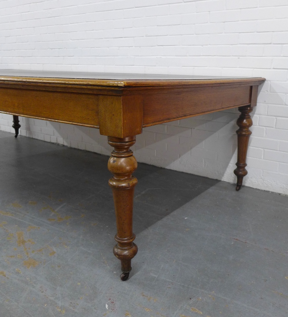 Early 20th century large oak library or boardroom table, rectangular top with inset skiver and - Image 3 of 4