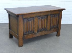 Oak / elm blanket box, hinged top and linen fold carving to front, 92 x 51 x 43cm.