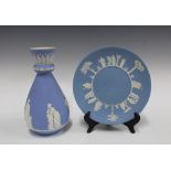 Wedgwood pale blue Jasperware vase and plate (2) 27cm.