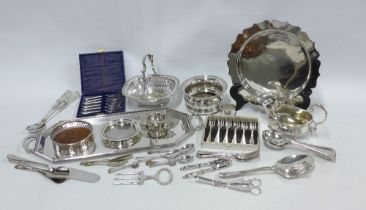 Quantity of silver plated and Epns wares to include a wine coaster, tray and cutlery etc (a lot)