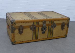 Early 20th century travel trunk, metal banded with leather handles and a worn Waterloo label, 93 x