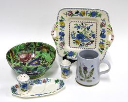 Masons pottery plate and cruet set, Maling bowl and a Buchan Pottery tankard
