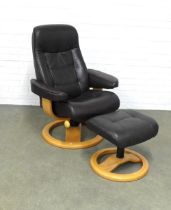 Leather & beechwood revolving chair and footstool, 76 x 101 x 48cm.