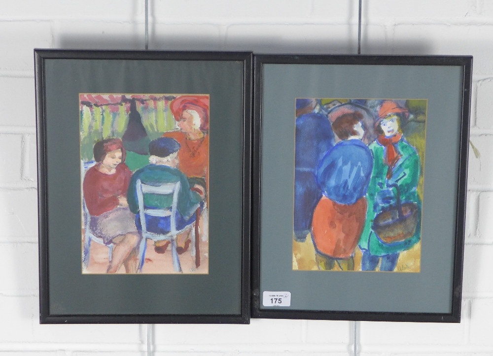 A companion pair of untitled watercolours of women, signed with initials ABS, framed under glass, 17