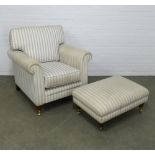 Striped upholstered armchair with matching footstool, 90 x 84 x 75cm. (2)