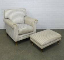 Striped upholstered armchair with matching footstool, 90 x 84 x 75cm. (2)