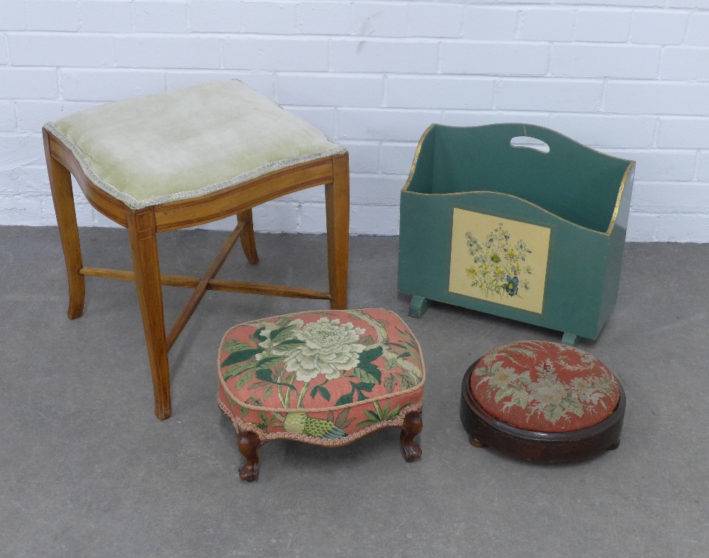 Mixed lot to include three stools and a magazine rack, (4)