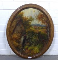 An untitled oil on canvas of a watermill, apparently unsigned, in an oval frame, 40 x 50cm