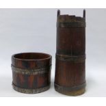A wooden barrel with metal bands and another of taller form (2) 40cm high.