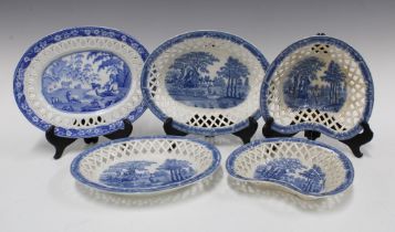 19th century Davenport blue and white transfer printed chestnut basket with stand together with an