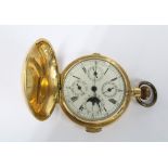 An 18ct gold full hunter chronograph pocket watch, white enamel dial with roman numerals and outer