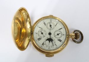 An 18ct gold full hunter chronograph pocket watch, white enamel dial with roman numerals and outer