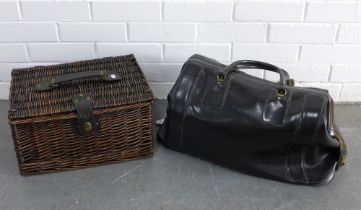 Vintage black leather weekender style bag and a wicker basket (2)