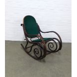 Thonet style rocking chair with green upholstered seat and back, 51 x 84 x 87cm.