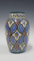 Moroccan safi pottery vase with stylised pattern, signed to the base, 18 x 28cm.