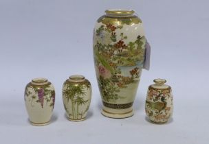 Japanese Satsuma baluster vase, 15cm, with three miniature Satsuma vases, (4)