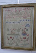 Alphabet needlework sampler, framed under glass, 30 x 42cm