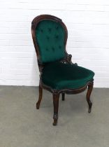 Mahogany chair with green buttonback upholstery, 51 x 99 x 46cm.