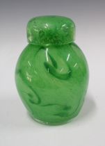 Monart green glass ginger jar shape vase and cover, 15 x 21cm.